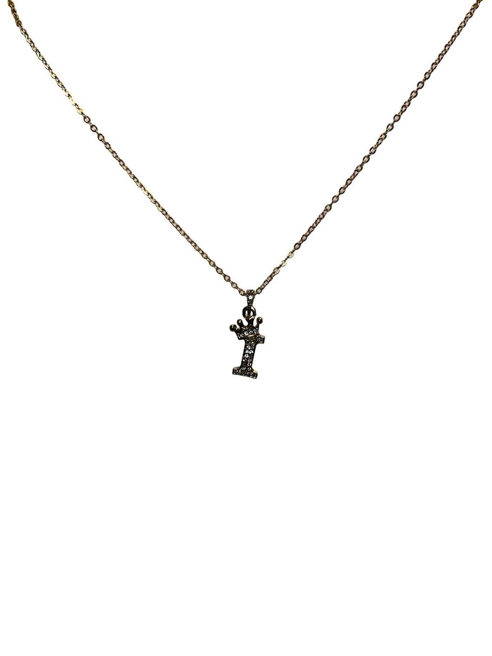 Gold Plated Crown Initial "I" Pendant Necklace with Cubic Zirconia